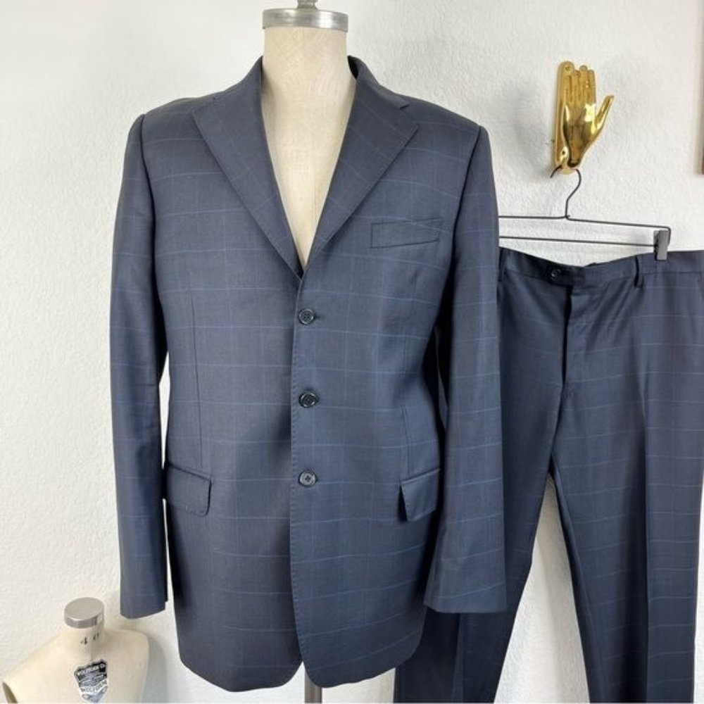 YSL Yves Saint Laurent Windowpane Wool 120s 3 Button Gridded Suit - Picture 2 of 13